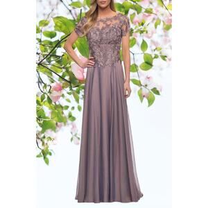 NWT - La Femme Floral Embroidery Chiffon Column Gown Dark Mauve Size: 8